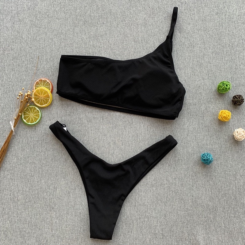 [BKN1121] &lt;ÂU&gt; SET BIKINI ĐEN LỆCH VAI CUTOUT VẢI TĂM QUẦN THONG/LỌT KHE