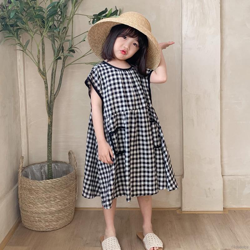 Đầm tay ngắn cổ tròn dáng rộng in họa tiết caro phối túi lớn thời trang mùa hè cho bé gái