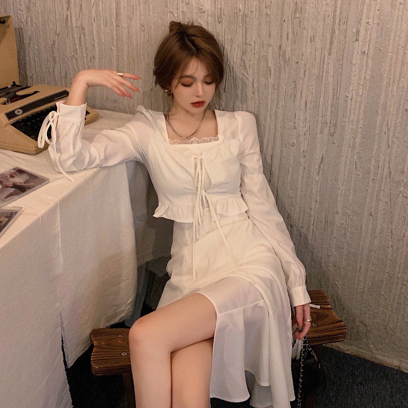 [ HÀNG CÓ SẴN] Váy dài tay trắng cổ vuông xếp nếp cổ điển mùa thu 2020 phong cách  nữ thần Fanzhong