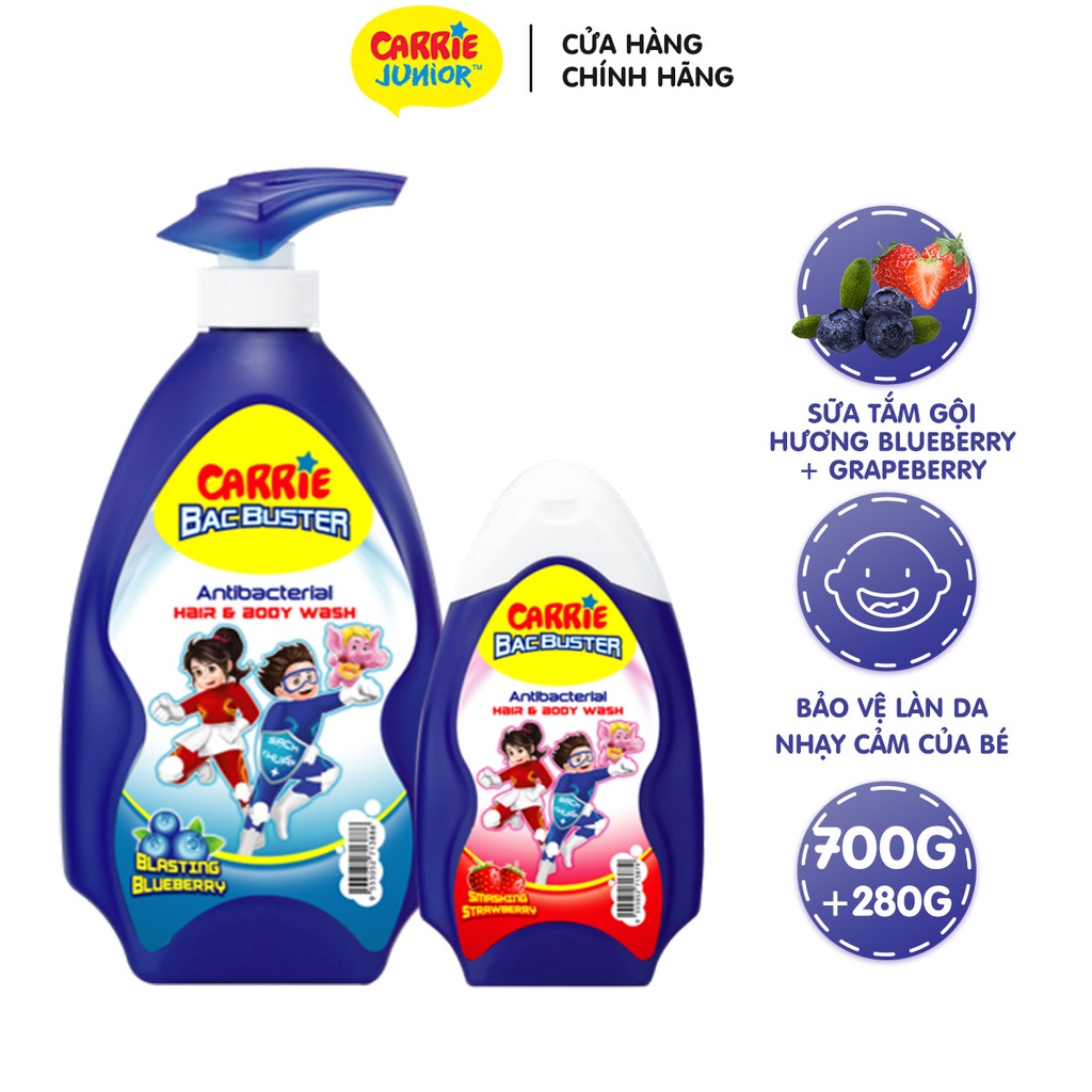 Combo Sữa Tắm Gội Sạch Khuẩn cho bé Carrie Junior BacBuster: Blueberry 700g + Strawberry 280g