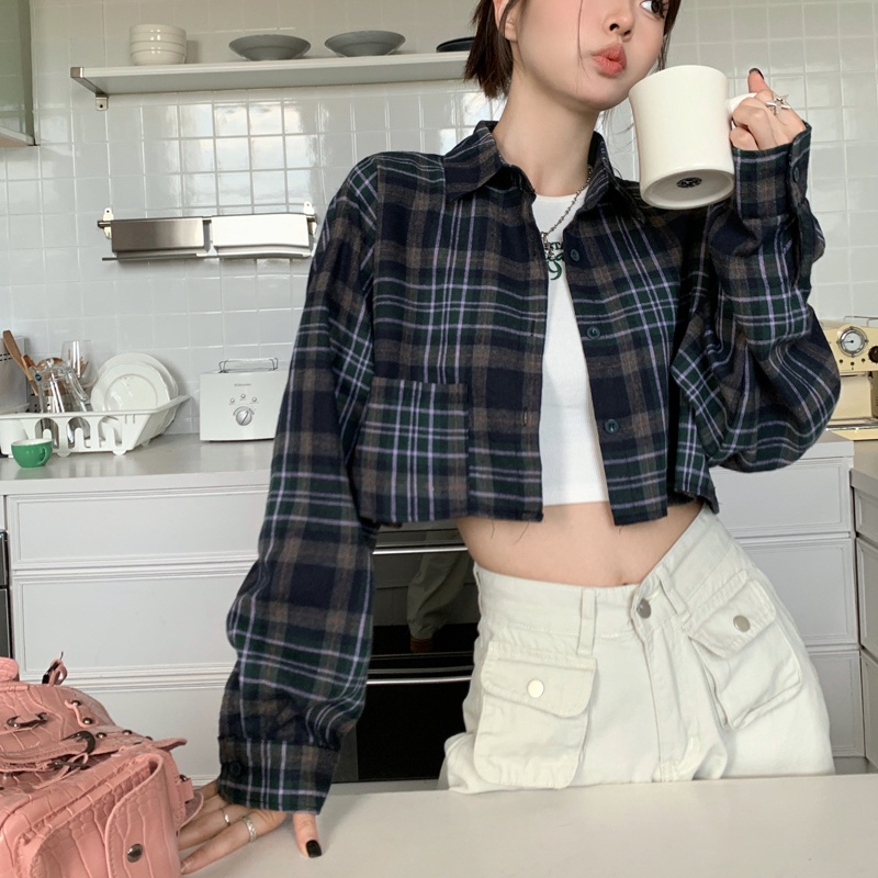 Áo sơ mi SUXI tay dài họa tiết sọc caro thời trang cho nữ