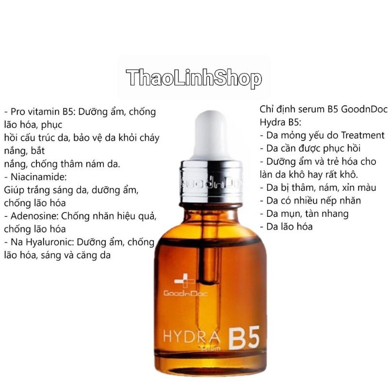 Serum Dưỡng Ẩm Phục Hồi Làm Trắng Sáng Da, Mờ Thâm Nám,Cấp Nước, Chống Lão Hóa Da GOODNDOC HYDRA B5 30ml