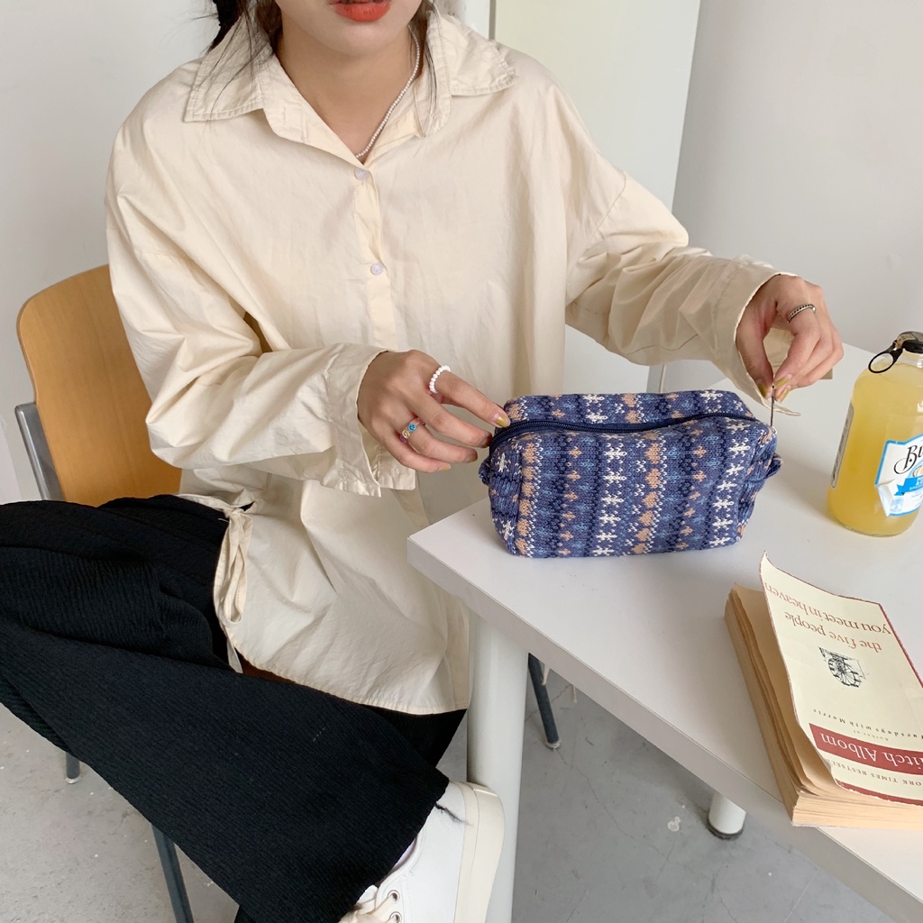 Hộp bút vải nhung thổ cẩm to nhiều ngăn đa năng cute để vừa máy tính, đồ mỹ phẩm cá nhân