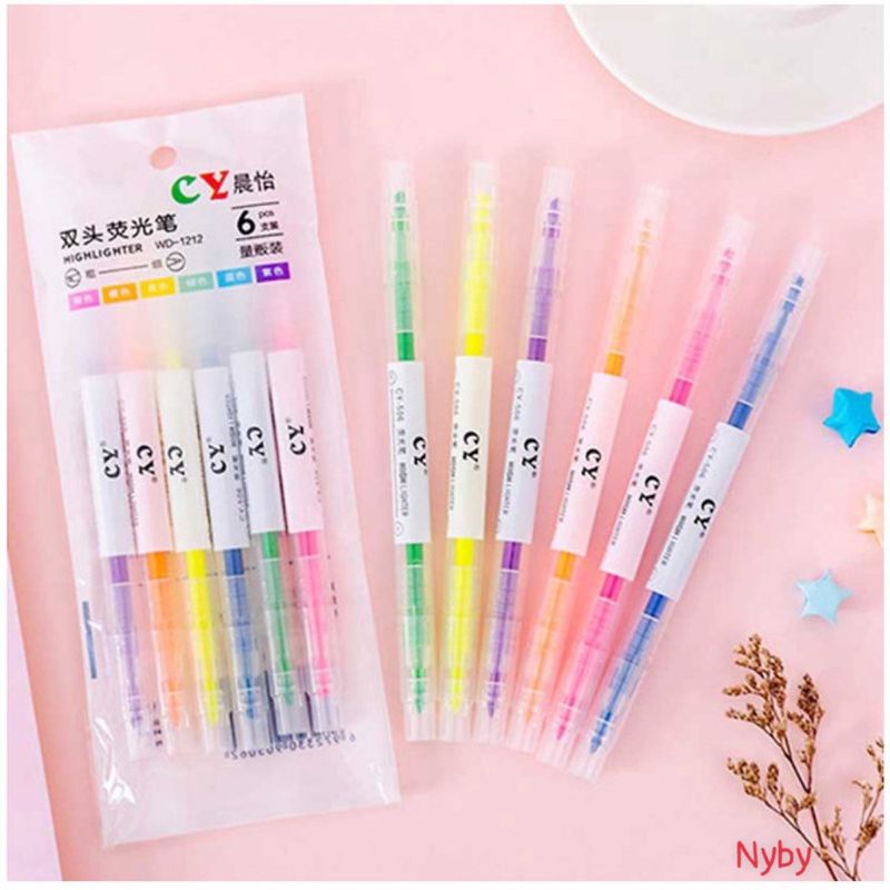Set 6 bút highlight pastel dạ quang 2 đầu Goo siêu êm
