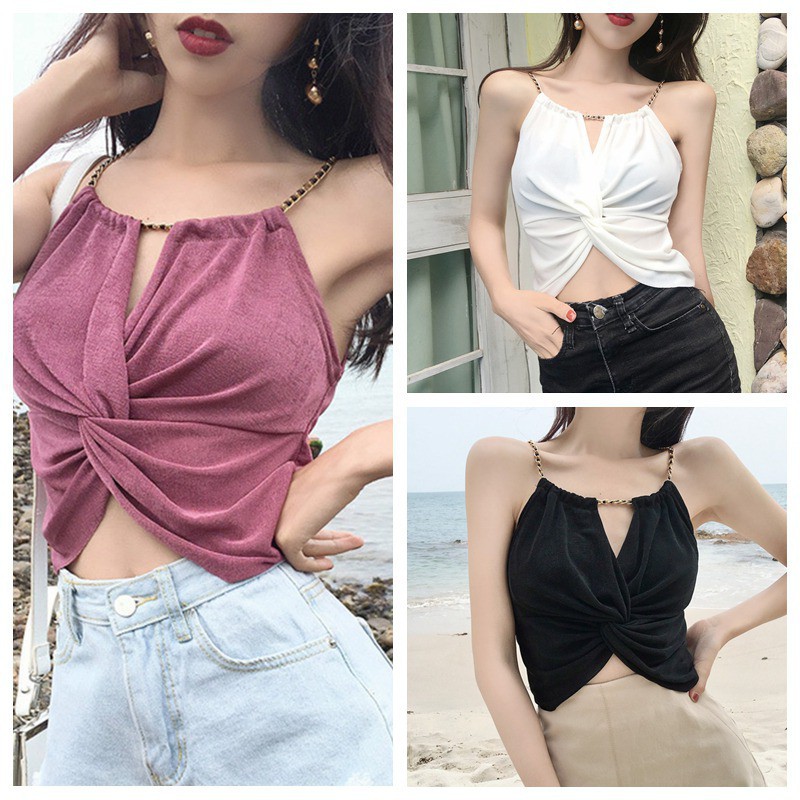 Áo tanktop nữ không tay phối chuỗi xích kim loại đeo cổ phong cách Hongkong