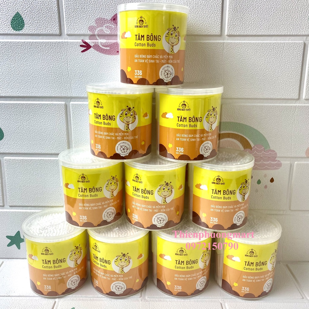 Tăm Bông Cho Bé 336 Que HỘP TRÒN XOAY - Tăm Bông Kotton Care For Kid HỘP TRÒN Bông Bạch Tuyết