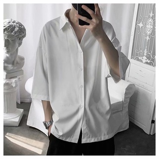 Áo sơ mi tay lỡ màu trắng dáng rộng phong cách Hồng Kông thời trang dễ phối đồ cho nam