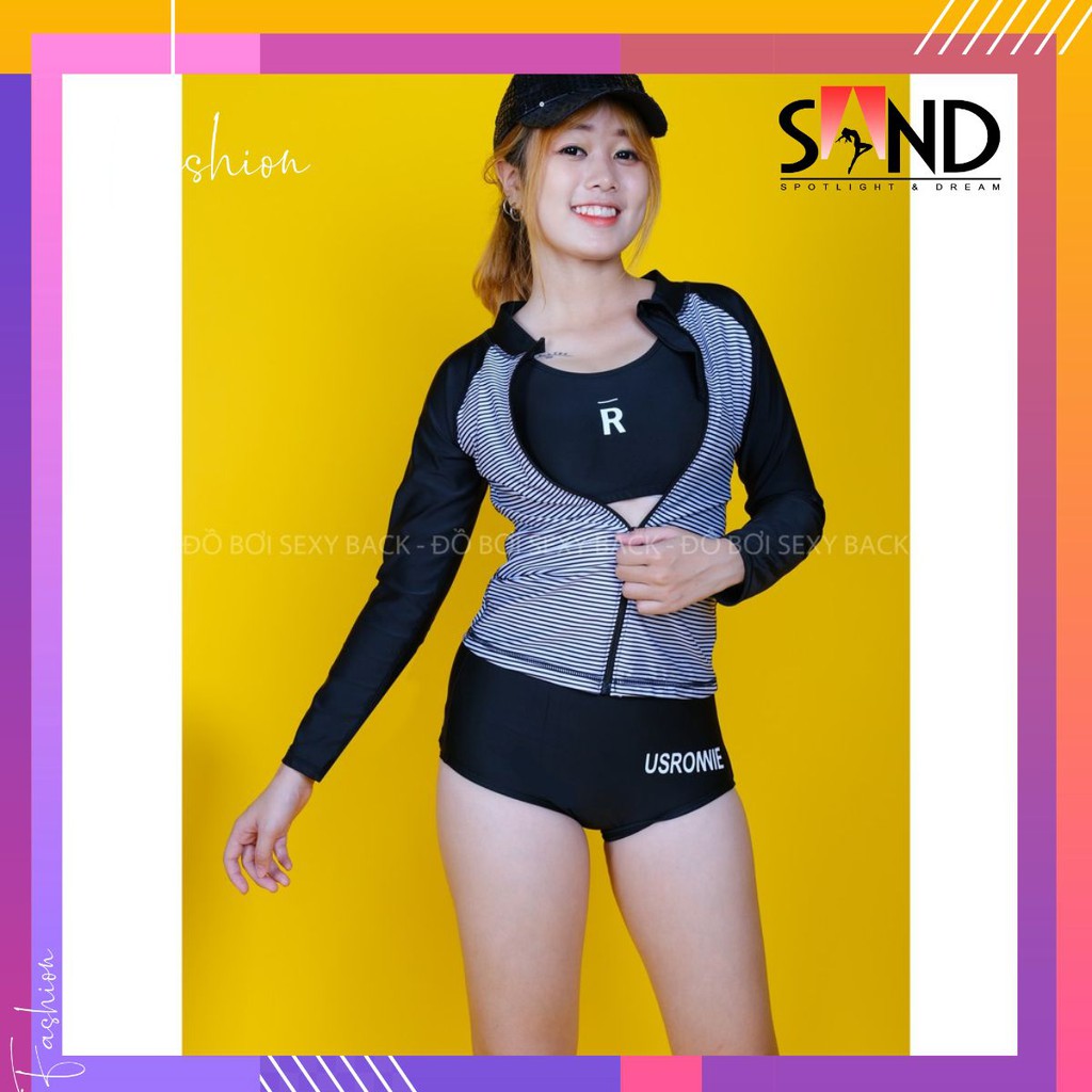 Bikini tay dài nữ, đen áo sọc trắng ngang ba mảnh