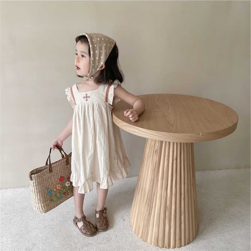 Đầm Không Tay Phối Bèo Thêu Họa Tiết Dễ Thương Phong Cách Hàn Quốc Thời Trang Mùa Hè Cho Bé Gái