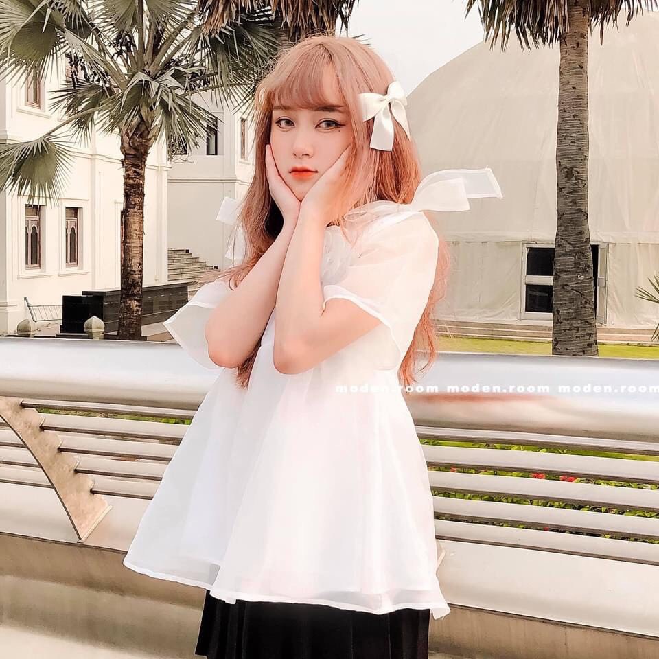 Áo Babydoll Trắng Phối Nơ Vai JOLIE Nữ  🌸 Thun kiểu bánh bèo tiểu thư mặc đi biển hàn quốc đẹp Ulzzang 🌸