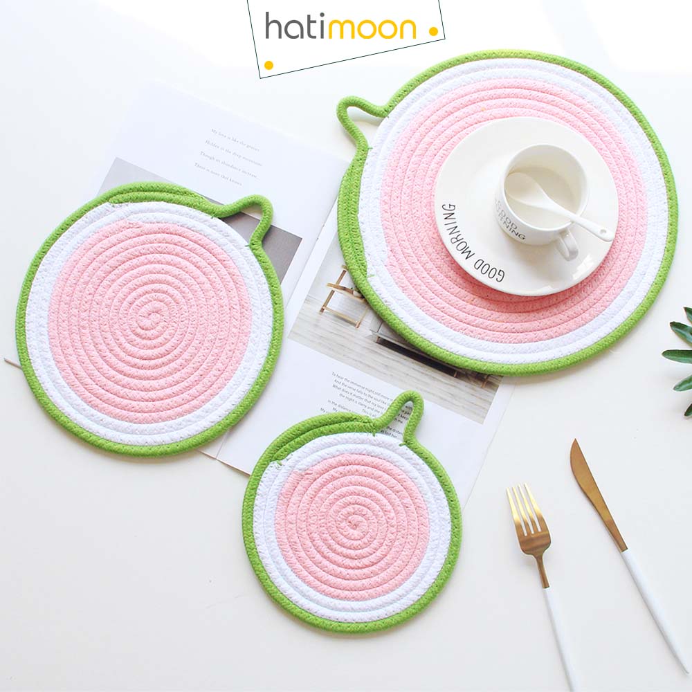 Tấm lót decor, Tấm lót ấm trà, đế lót nồi, đĩa có móc treo 18cm - Hatimoon -  miếng lót HTL131