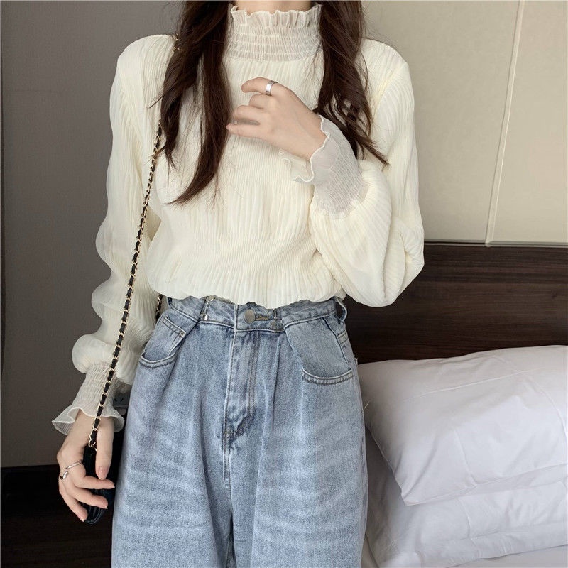 Mới Áo Sơ Mi Chiffon Cổ Cao Phối Ren Lưới Thời Trang