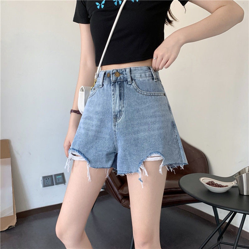 Quần Short Denim Lưng Cao Ống Rộng Theo Phong Cách Retro Hàn Quốc