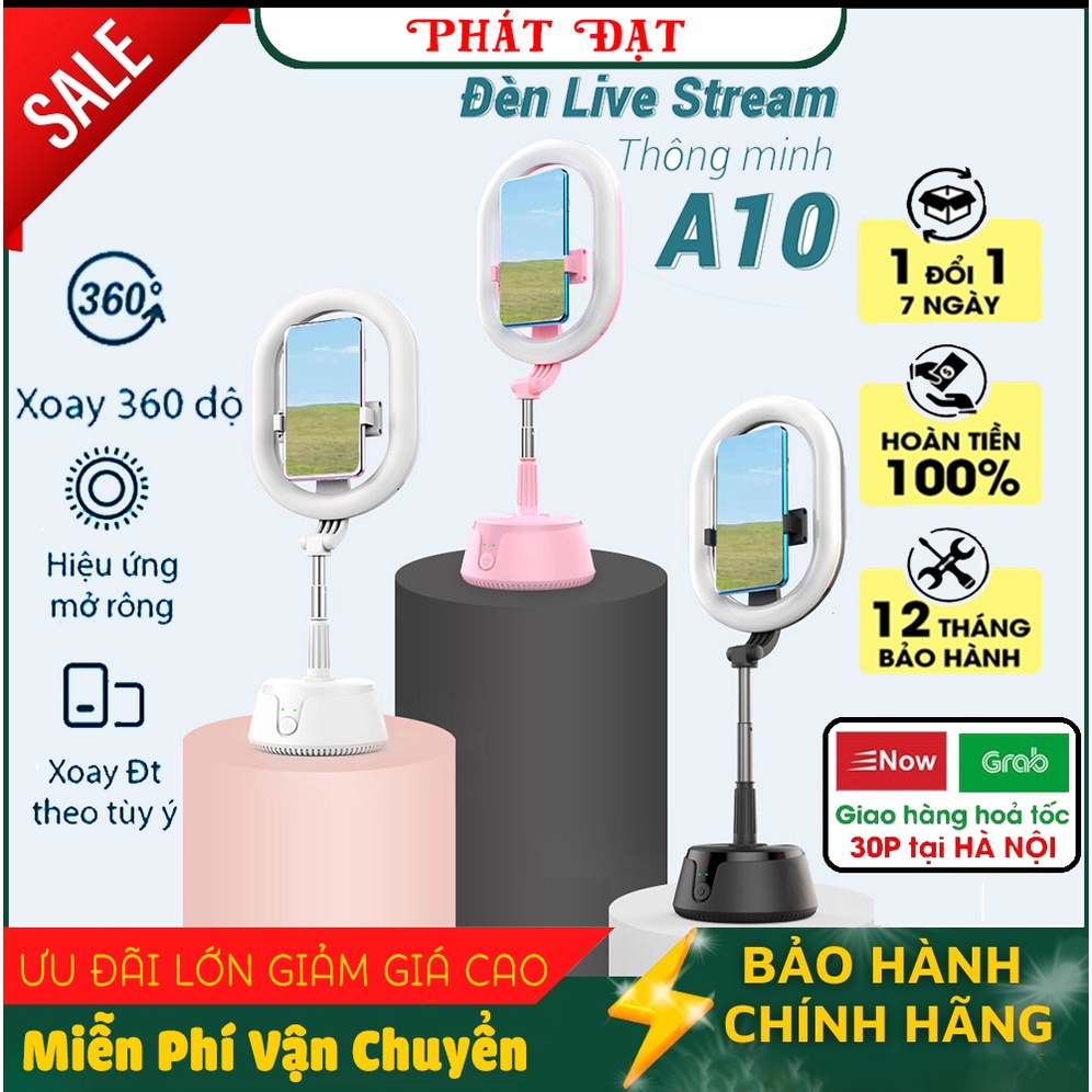 Đèn livestream A10 5 in 1 tích hợp Giá đỡ điện thoại có 3 chế độ sáng nhận dạng khuân mặt xoay tự động
