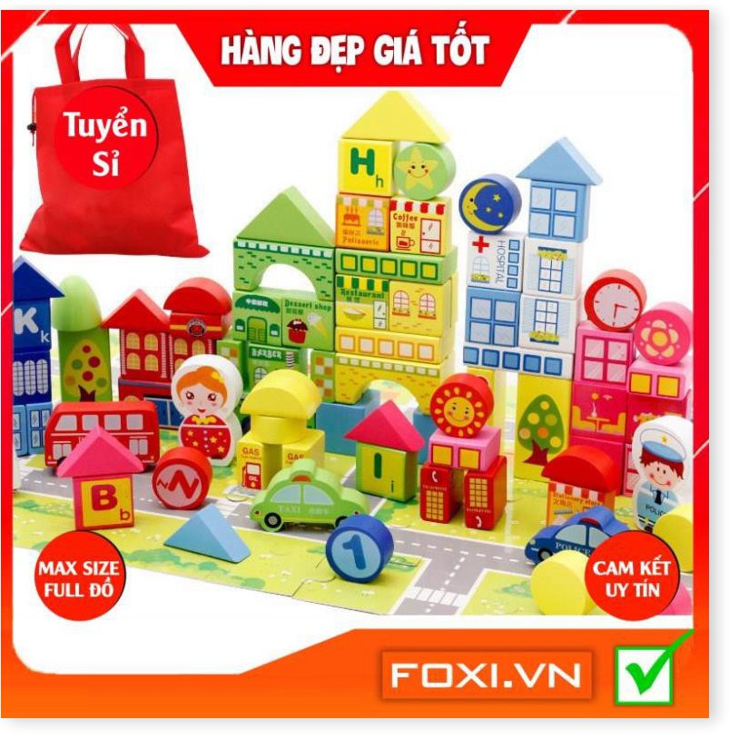 Bộ xếp hình khối mô hình thành phố thu nhỏ bằng gỗ-Có tranh ghép nền-Giúp bé tăng khả năng sáng tạo-Rèn luyệnsự khéo léo