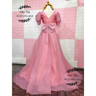 (free chỉnh sửa váy) đầm dạ hội cưới màu hồng tay phồng váy xòe hở lưng công chúa chụp ảnh cưới cô dâu đãi tiệc