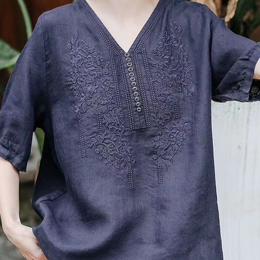 Ice  Vintage Embroidery Loose-Fitting V-neck Top Summer Clothing New Short Sleeve Embroidery plus Size Women's Blouse