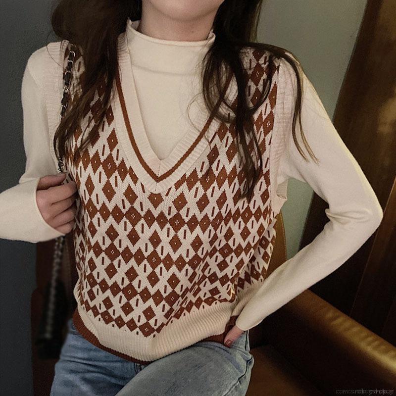 Áo dệt kim sát nách cổ chữ V màu sắc tương phản trẻ trung phong cách Hàn Quốc | BigBuy360 - bigbuy360.vn
