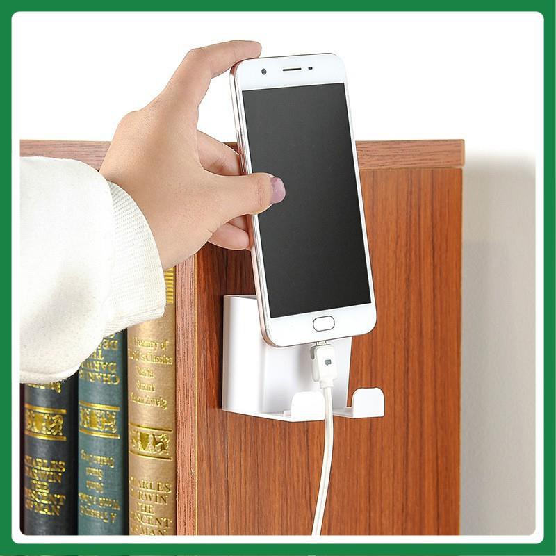 Kệ Dán Tường Để Remote, Đồ Dùng/ Giá Đỡ Sạc Điện Thoại - Có Móc Treo Giữ Dây Điện