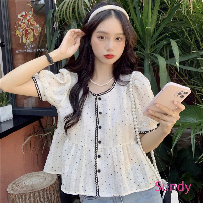 Áo Sơ Mi Tay Bồng Hoa Văn Chấm Bi Thời Trang Mùa Hè Dành Cho Nữ