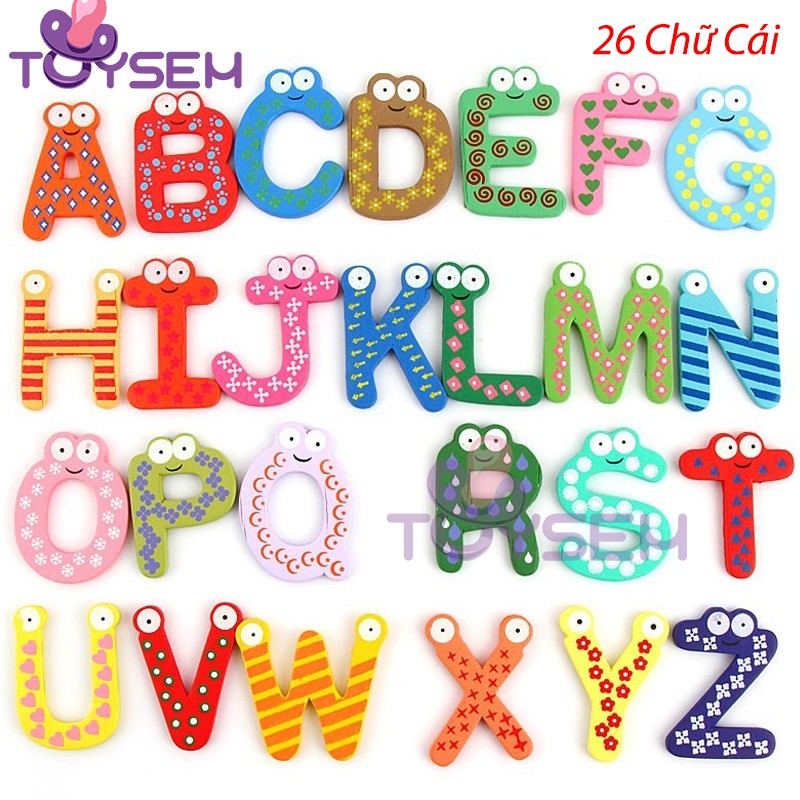 Bộ 26 chữ cái hình thú Toysem bằng gỗ có nam châm hít tủ lạnh nhiều màu sắc - Đồ chơi giáo dục xếp chữ dành cho bé