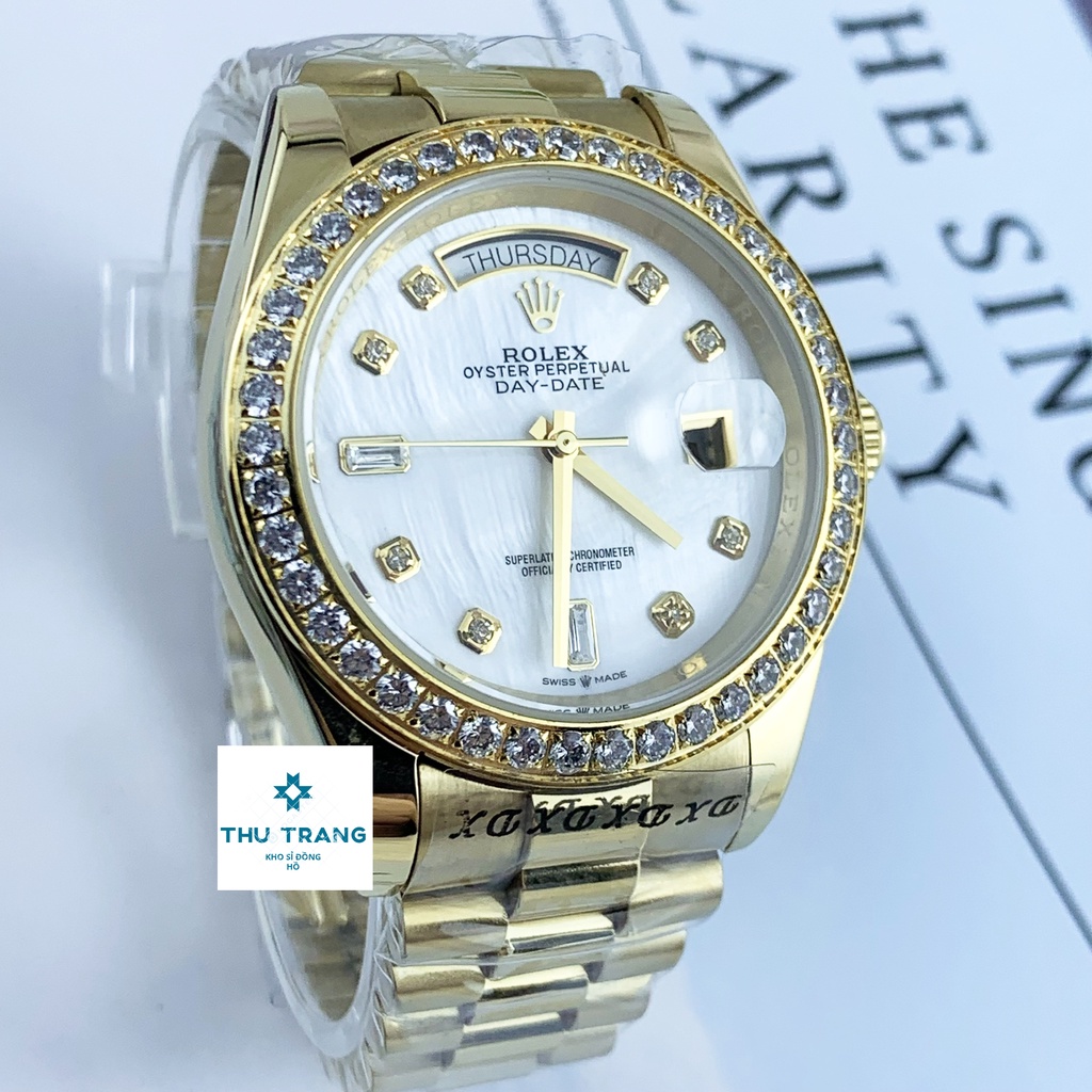Đồng hồ nam Rolex đồng hồ cơ Automatic Rolex classic 2 lịch mặt KHẢM TRAI trắng viền đá size 40-41mm
