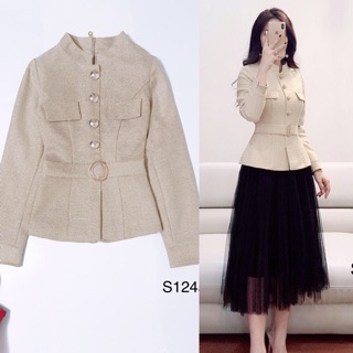 Set áo dạ tweed be, chân váy xếp ly suông S1245 - DVC thời trang thiết kế cao cấp (kèm ảnh sàn shop tự chụp)