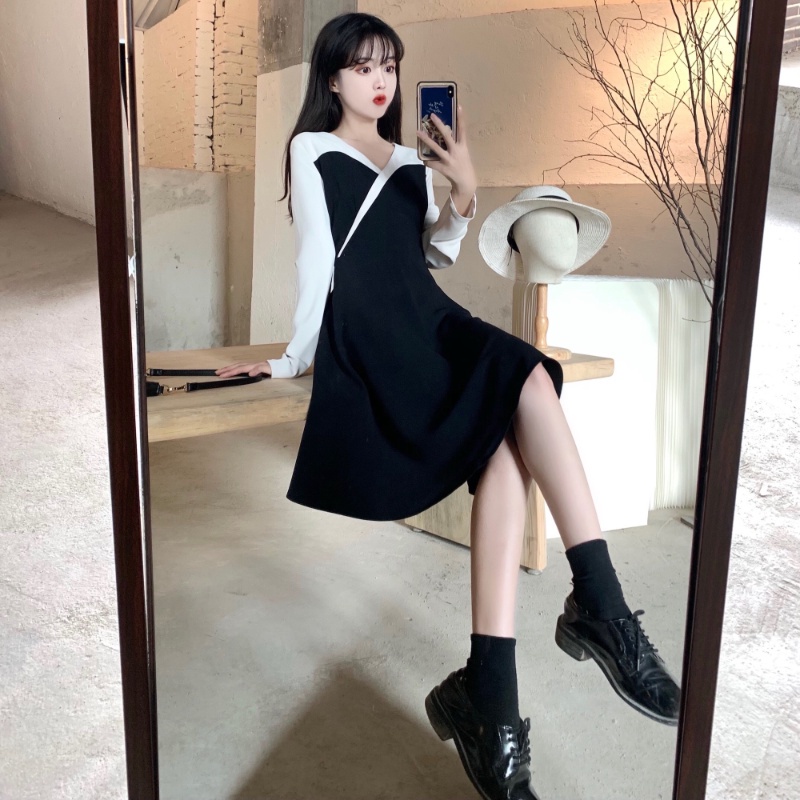 Đầm đen dáng dài phong cách Hàn Quốc retro thanh lịch cho nữ