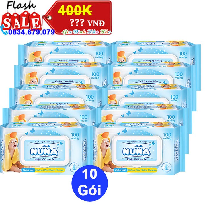 [GIÁ SỈ] - COMBO 10 GÓI KHĂN ƯỚT EM BÉ NUNA KHÔNG MÙI - GÓI NẮP NHỰA 100 MIẾNG