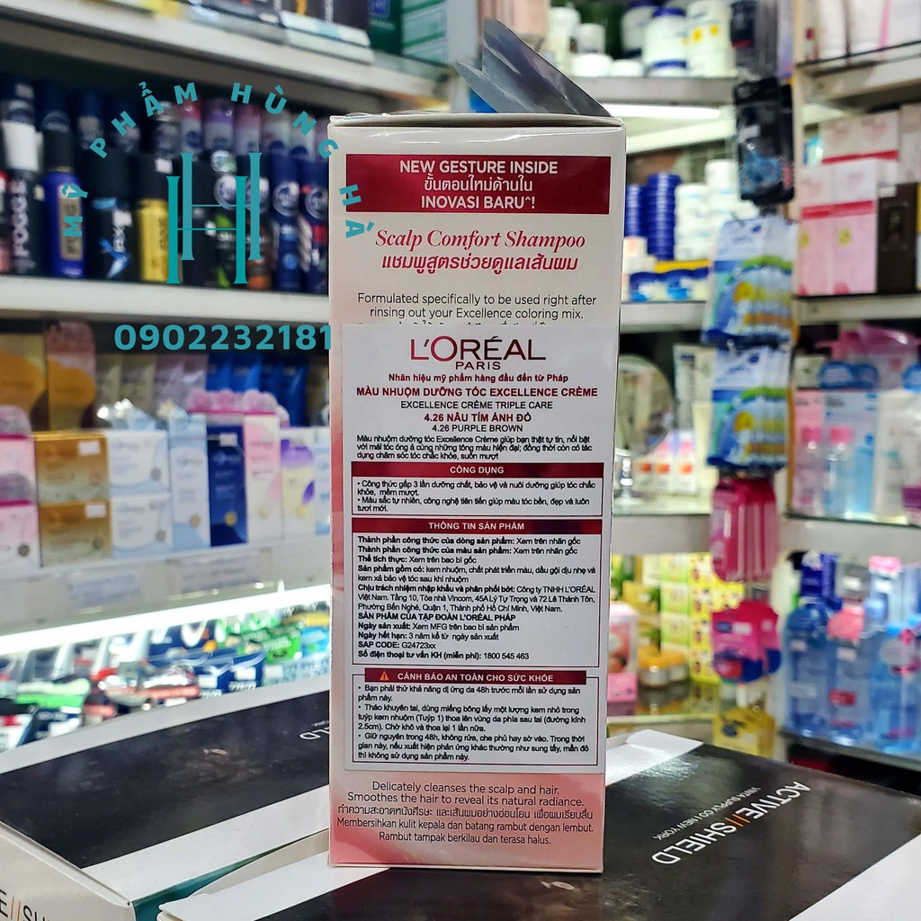 Thuốc nhuộm tóc phủ bạc Loreal, số 4.26 màu nâu tím ánh đỏ Loreal Excellence Creme