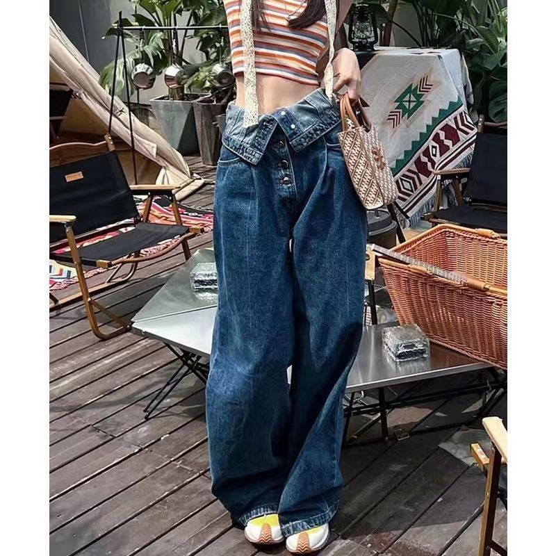 ▤✎✧Quần Jeans Dài Lưng Cao Ống Rộng Phối Rách Phong Cách Retro Mỹ Thời Trang Mùa Hè Mới Cho Nữ