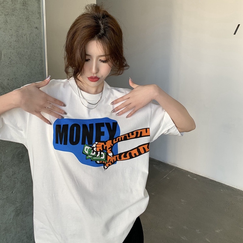 Áo Thun Tay Ngắn Cổ Tròn Dáng Rộng In Hình Móng Vuốt Hổ Thời Trang Mùa Hè