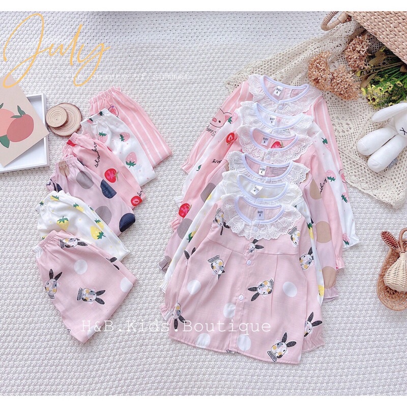 Bộ Ngủ Cổ Ren Dài Tay Chất Đũi Lạnh Cho Bé Gái