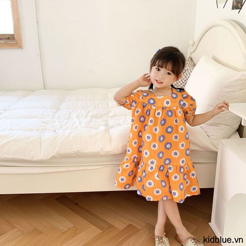 Đầm công chúa dáng rộng cổ vuông phong cách Hàn Quốc mùa hè cho bé gái