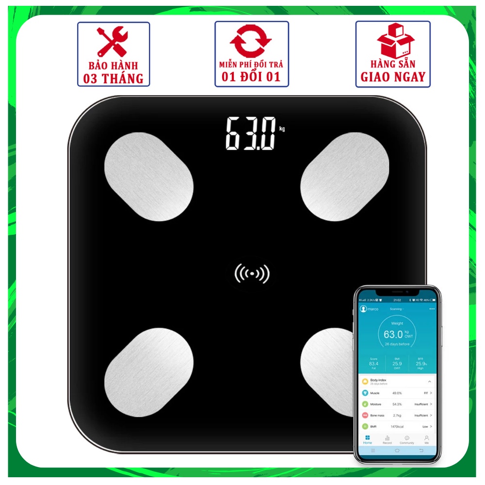 Cân điện tử sức khoẻ mi ni, kết nối bluetooth theo dõi 12 chỉ số cơ thể [cân chuẩn trọng lượng ]