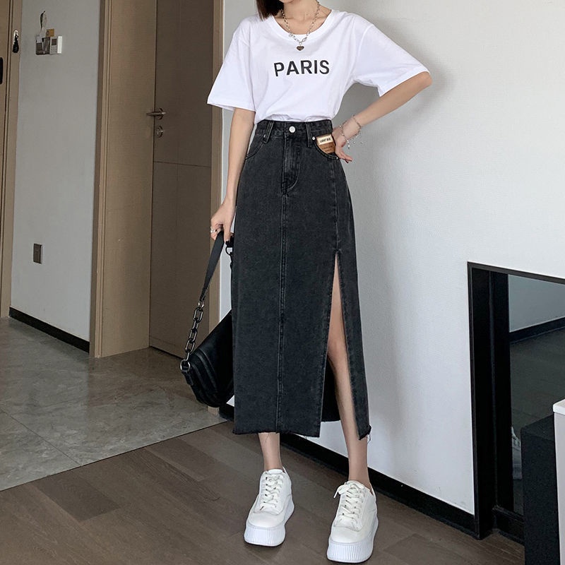 Chân váy jean chữ A lưng cao xẻ tà thời trang mới cho nữ