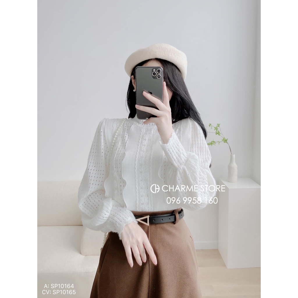 Áo sơ mi nữ ren tay dài cổ tròn thiết kế Charme 10164