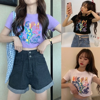Áo thun croptop tay ngắn in họa tiết hoạt hình phong cách Hàn Quốc cho nữ