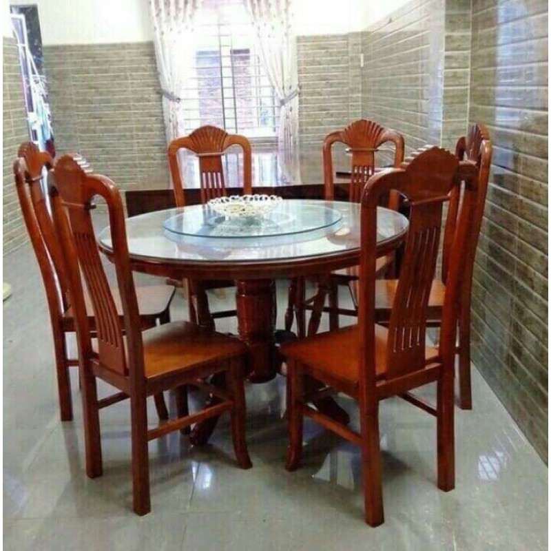 Bàn ăn tròn 1m2 mâm xoay 6 ghế