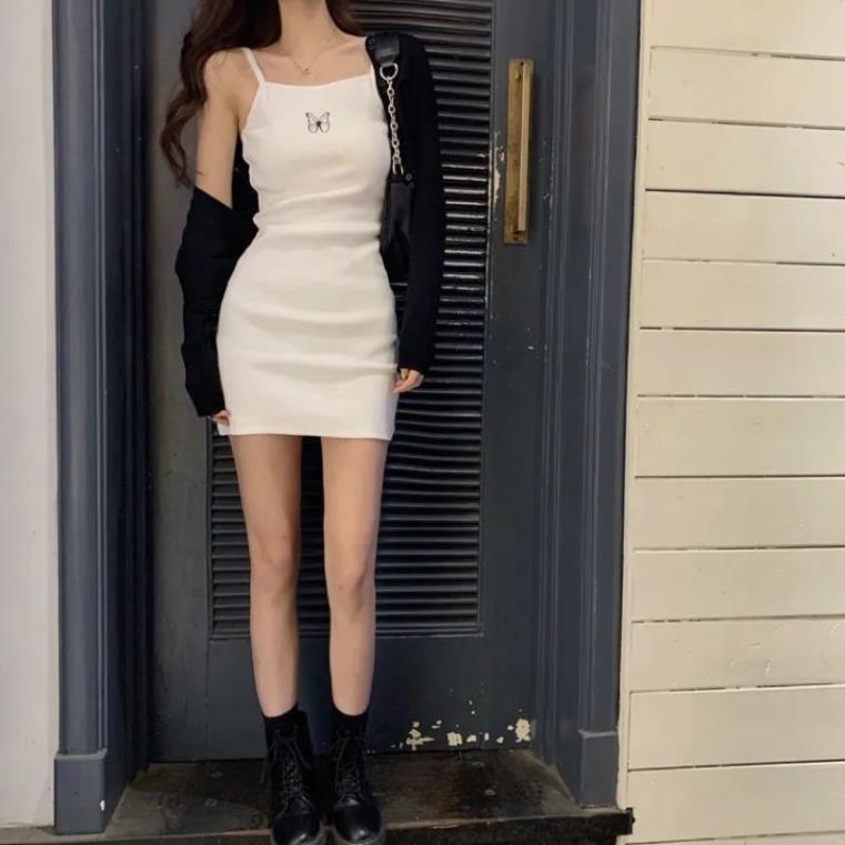 Váy hai dây body ôm dáng big size thêu màu trắng thun co giãn bốn chiều phong cách sexy Đẹp