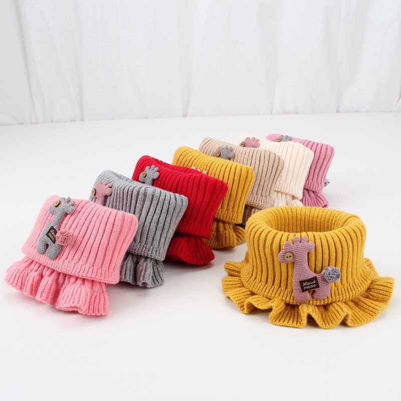 Khăn len ống quàng cổ nhún bèo họa tiết đính kèm hươu xinh xắn cho bé