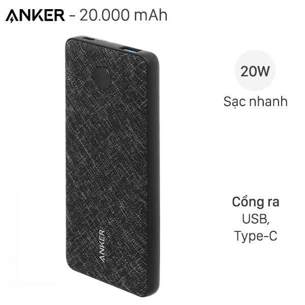Sạc dự phòng  Anker PowerCore Slim 200000mAh 20W Type C/2 cổng USB 2 cổng Type C - Chính hãng BH 12 tháng