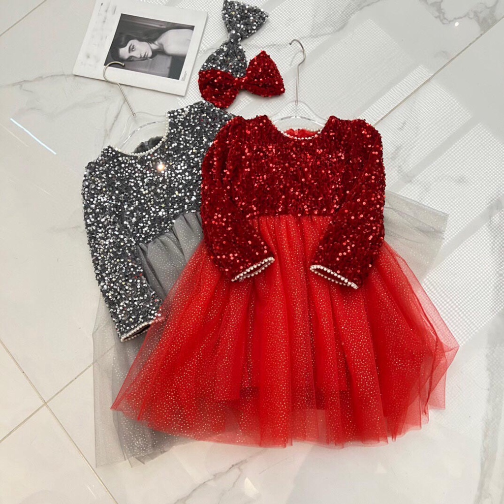Đầm Công Chúa Tay Dài Màu Đỏ Bóng Đính Kim Sa Lấp Lánh Thời Trang Năm Mới Cho Bé Gái