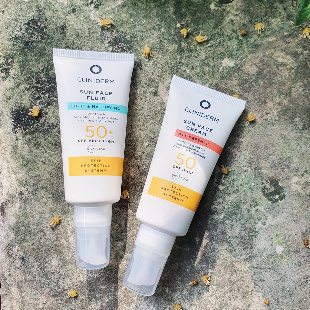 Kem chống nắng vật lí CLINIDERM kiềm dầu chống lão hóa Sun Face Fluid Light Mattifying/ Cream Age Defence CLID01 CLID02