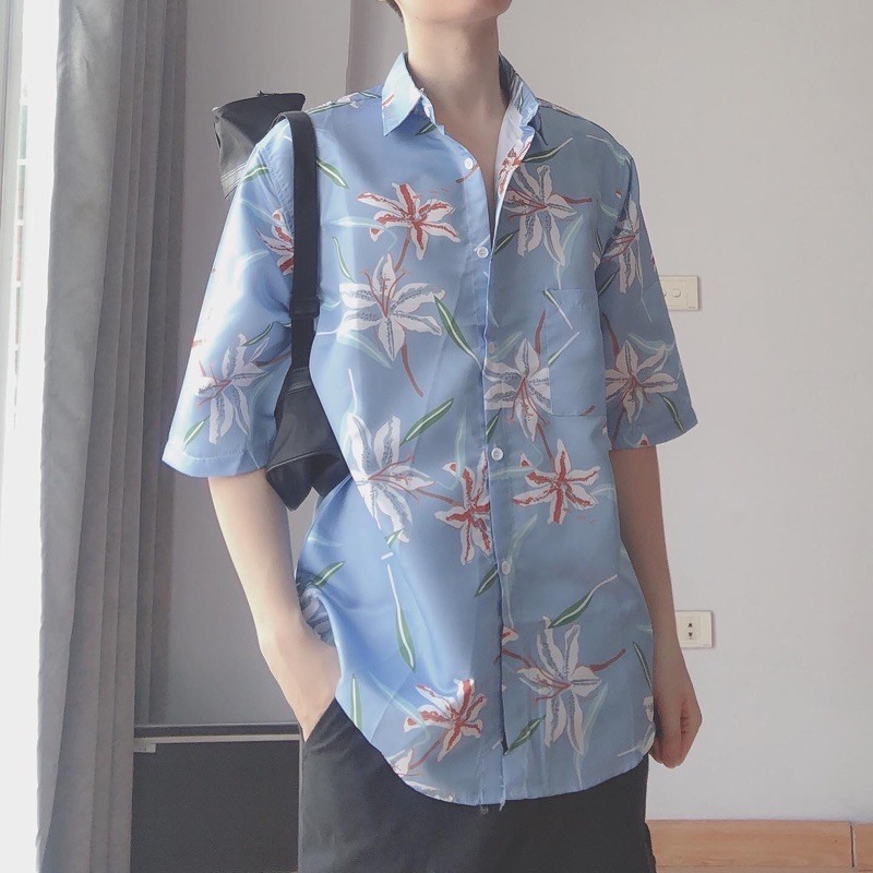 Áo sơ mi hoạ tiết hoa lá đi biển unisex dáng rộng phong cách ulzzang Hàn Quốc