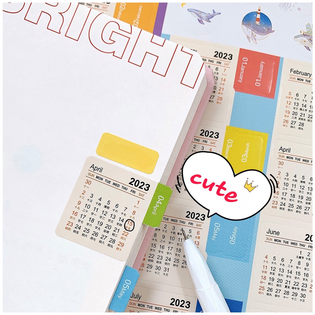Hình dán lịch 2023 trang trí sổ binder, planner phụ kiện dễ thương