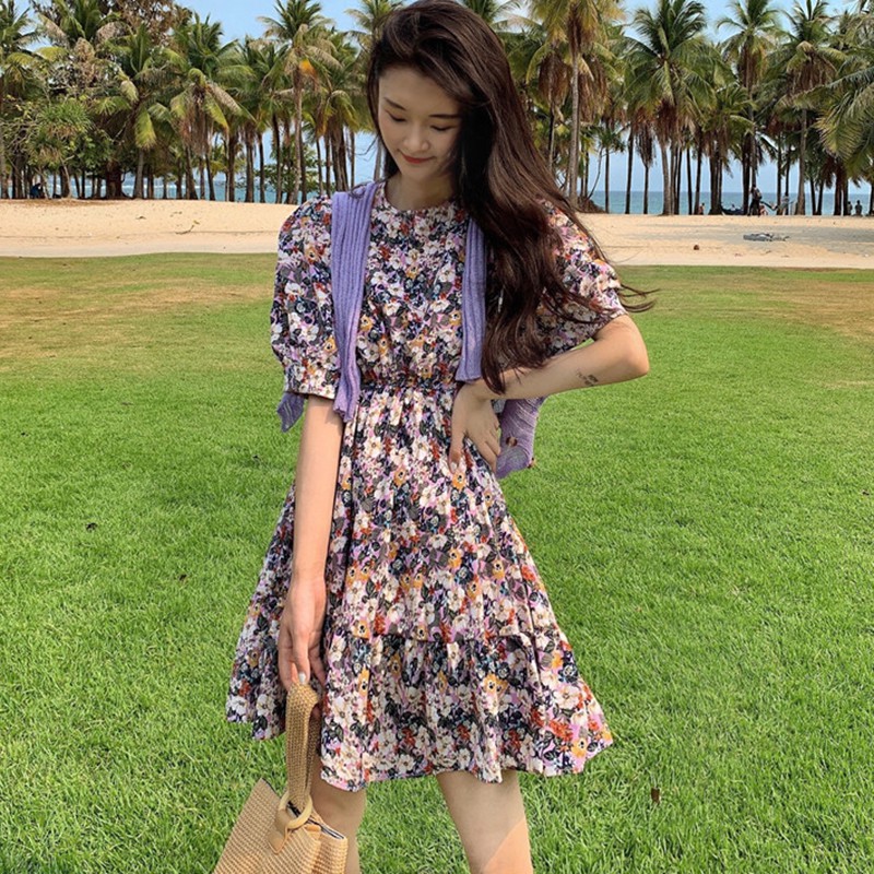 Đầm Tay Ngắn Cổ Tròn Hoạ Tiết Hoa Thời Trang Đi Biển Cho Phái Nữ