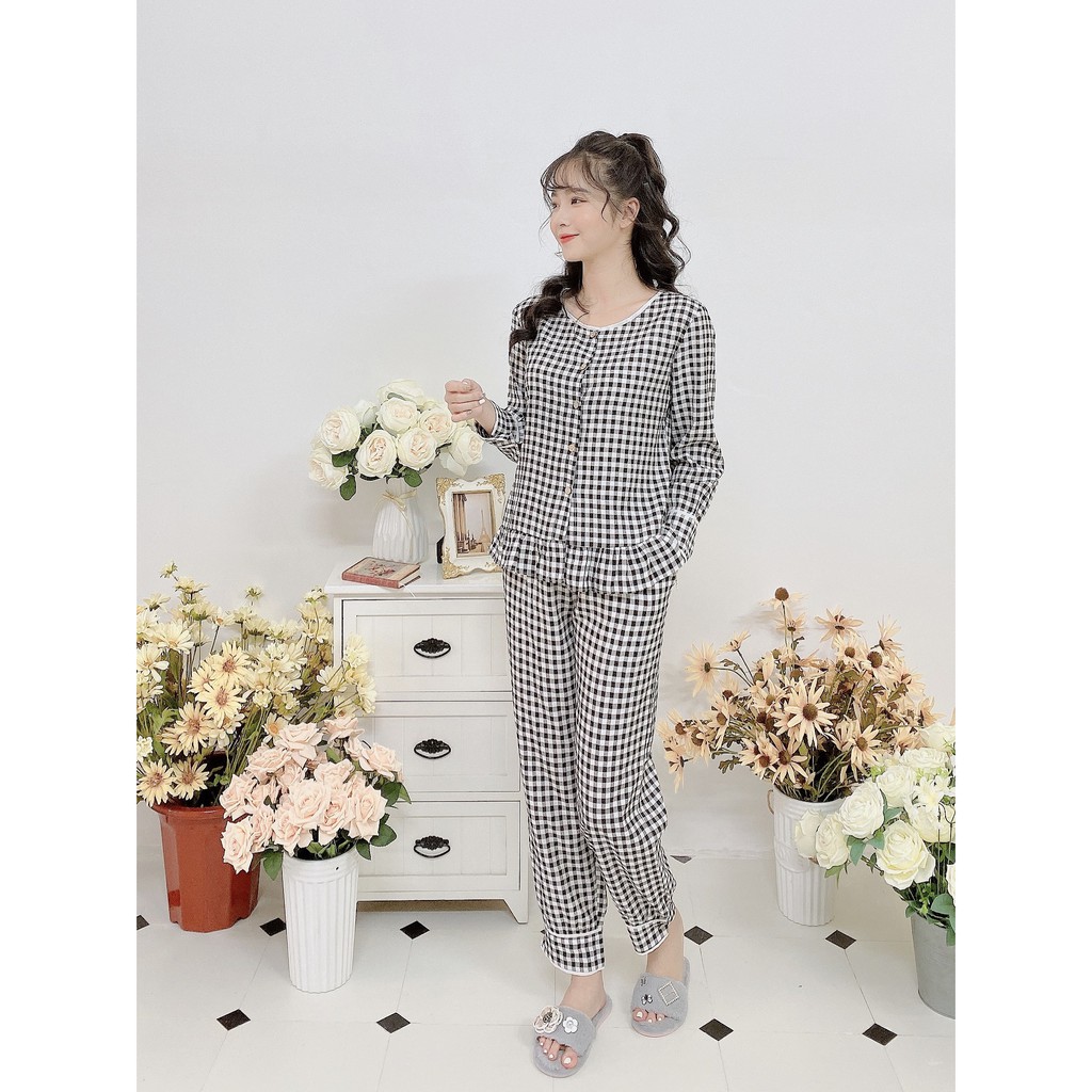 Đồ bộ mặc nhà kẻ viền bèo dài tay JANE vải thô cotton màu đen K602