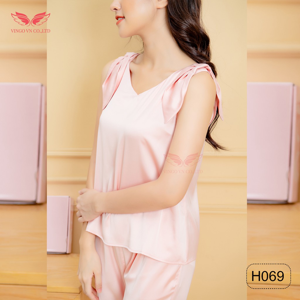 VINGO Bộ Ngủ Nữ Pyjama Lụa Ba Lỗ Quần Lửng Tay Áo Phối Nơ Thỏ/ Cánh Tiên Dễ Thương H069 VNGO | BigBuy360 - bigbuy360.vn