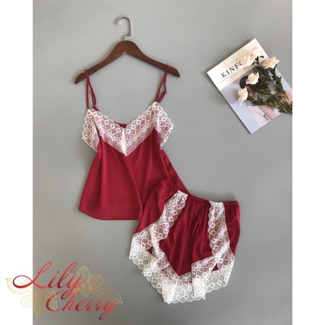 Bộ ngủ LỤA 2 dây viền ren trắng KELLY WANG ( ảnh thật cuối ) sẵn sll